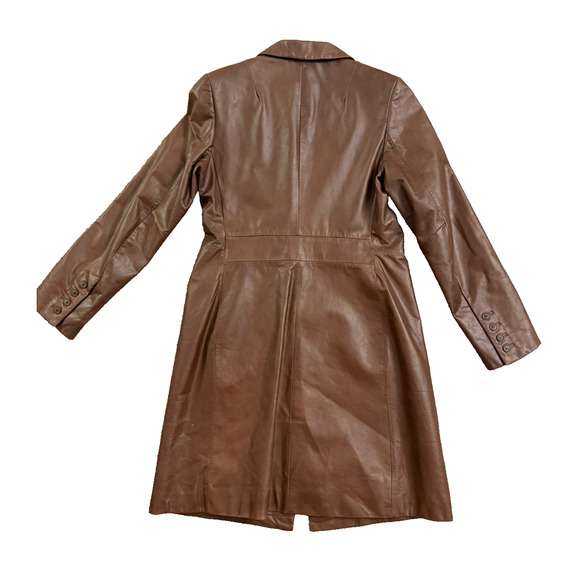 Vintage Express Women’s Brown Genuine Leather Long Jacket Coat Y2K Size 9/10 - Picture 2 of 9